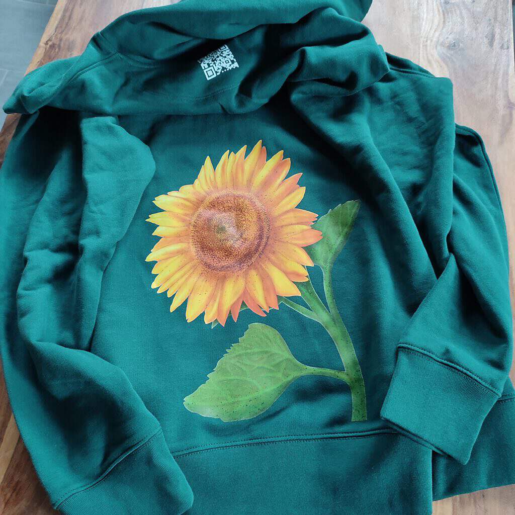 Grüner Hoodie mit Sonnenblumen-Aufdruck auf dem Rücken